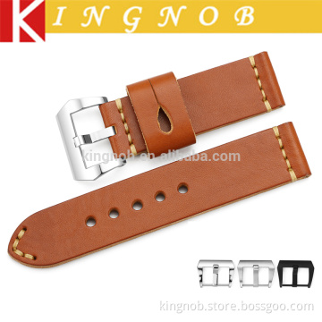 24mm brown handmade double layer leather wrist watch straps stainless steel pre v watch buckle for panerai watch strap
